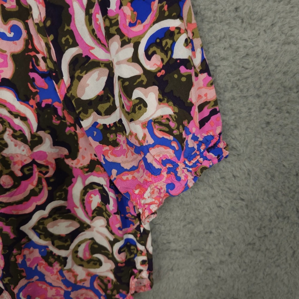 Talbots Shirt Womens XLP Petite Pink Blue Floral Ruffle Trim Keyhole Neck Blouse - Picture 9 of 10